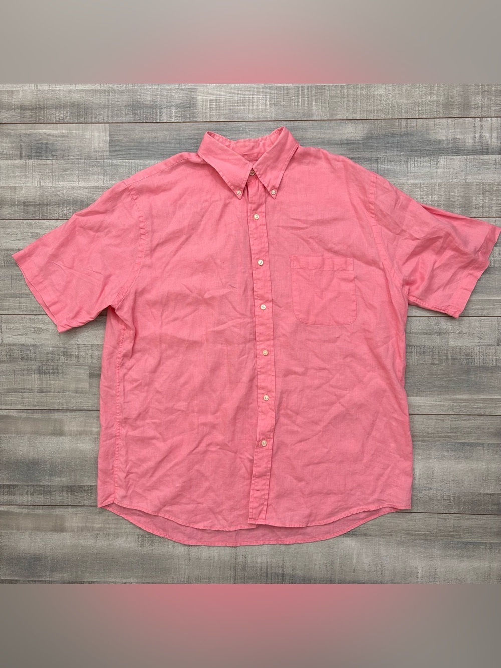 Lands' End 100% Linen Pink Button Up Shirt Men's Large 16 16.5 Short Sleeve